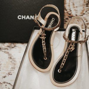 Chanel Gold Black Sandals/Thongs with CC Charm